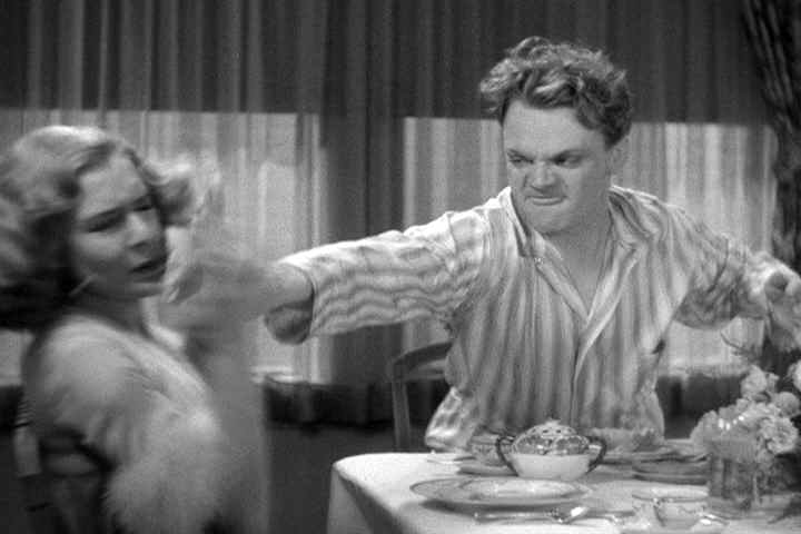 James Cagney hits Mae Clark with a grapefruit in Public Enemy