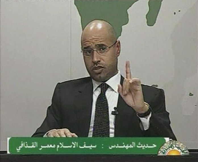 A video grab shows Saif al-Islam, son of Libyan leader Muammar Gaddafi, speaking during an address on state television in Tripoli